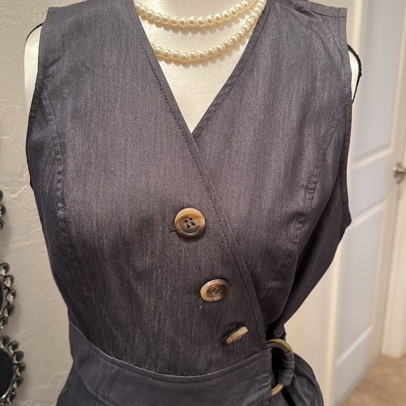 Calvin Klein Denim Faux Wrap dress with button and waist tie detail - Picture 2 of 5